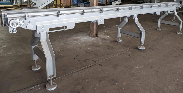 Used conveyor, stainless steel frame, 6" wide 15' long intralox belt adjustable feet flip up rails