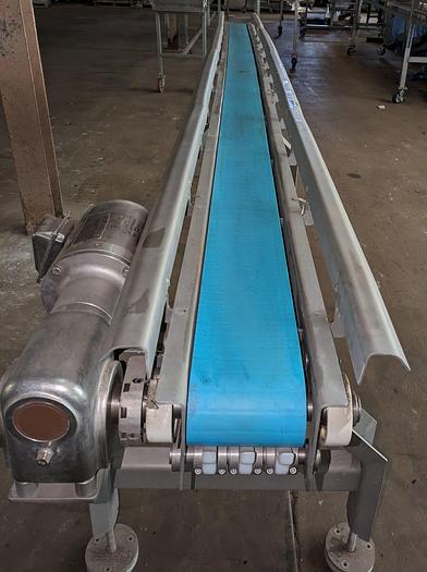 Used conveyor, stainless steel frame, 6" wide 15' long intralox belt adjustable feet flip up rails