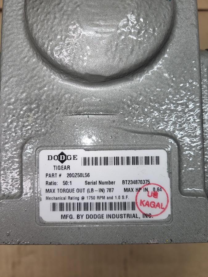 DODGE TIGEAR Right Angle Worm Gear Reducer 20QZ50L56 Ratio 50:1 *NEW - NO BOX** 56C Frame