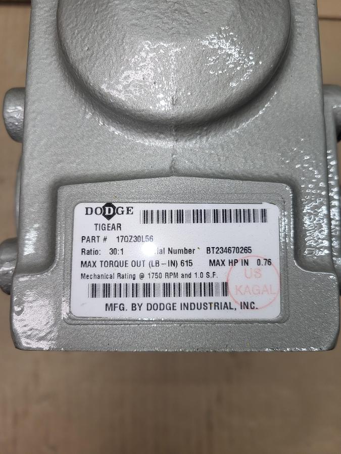 DODGE TIGEAR Right Angle Worm Gear Reducer 17QZ30L56 Ratio 30:1 *NEW - NO BOX** 56C Frame