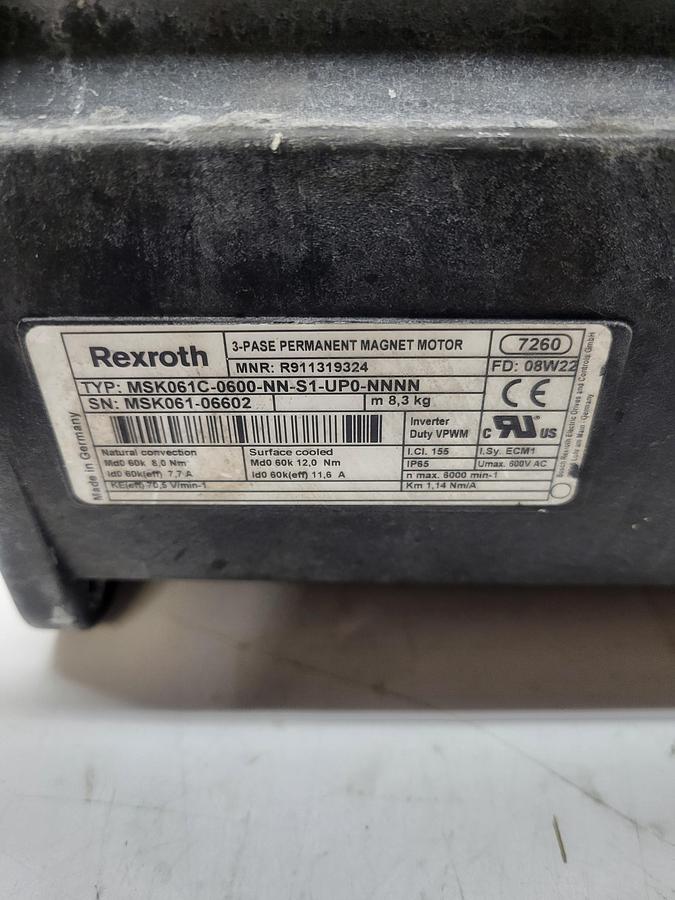 Used Rexroth MSK061C-0600-NN-S1-UP0-NNNN W/RKL430 AWM Style Cable 180"