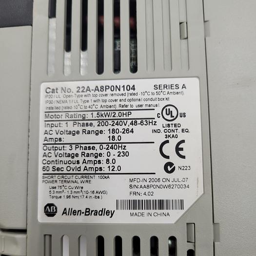 Used ALLEN BRADLEY 22A-A8P0N104 SER A AC Drive PowerFlex