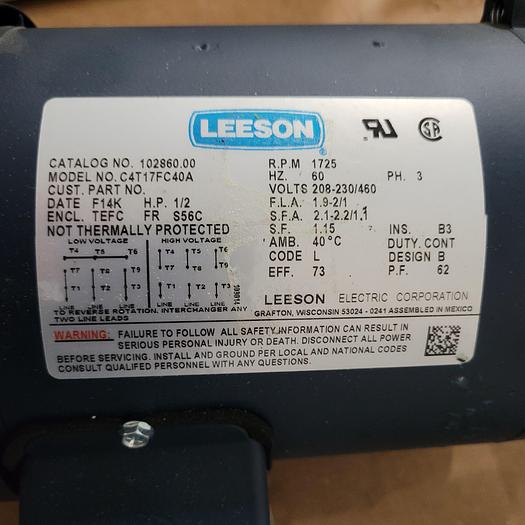 Used LEESON 1/2 HP motor C4T17FC40A CAT #: 102860 1725 RPM FRAME: S56C 208-230/460 3 PH