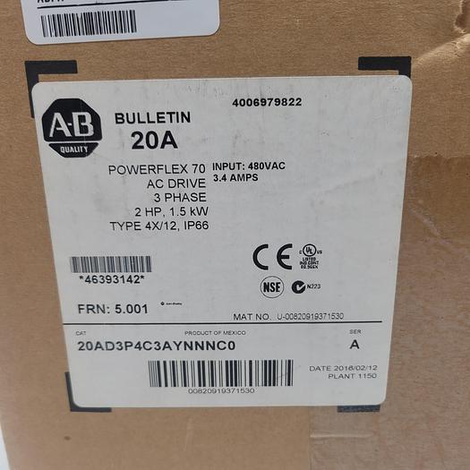 Allen-Bradley Bulletin 20A Power Flex 70 AC Drive 20AD3P4C3AYNNNC0