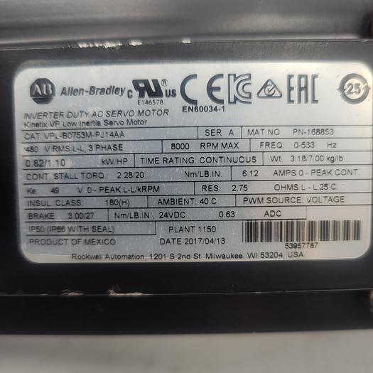 Used Allen-Bradley Kinetix Vp Low Inertia Servo Motor VPL-B0753M-PJ14AA