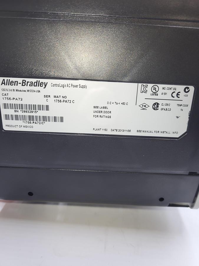 Used Allen-Bradley 1756-PA72 power supply unit & ControlLogix Rack Module S97753403 - 9 SLOTS