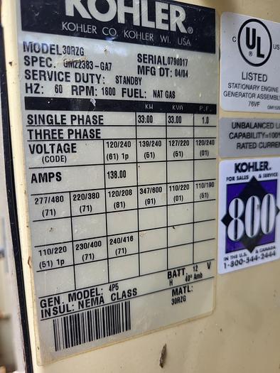 Used Kohler 30RZD 33KW Single phase 138 amp 120/240v natural gas/ propane generator