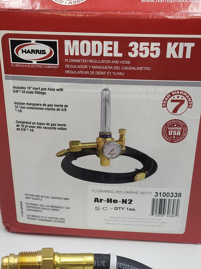 Harris Model 355 kit 3100338 inert gas (AR - He - N2) brass regulator 10' hose 5/8" - 18 fitting 58010 **NEW in box**