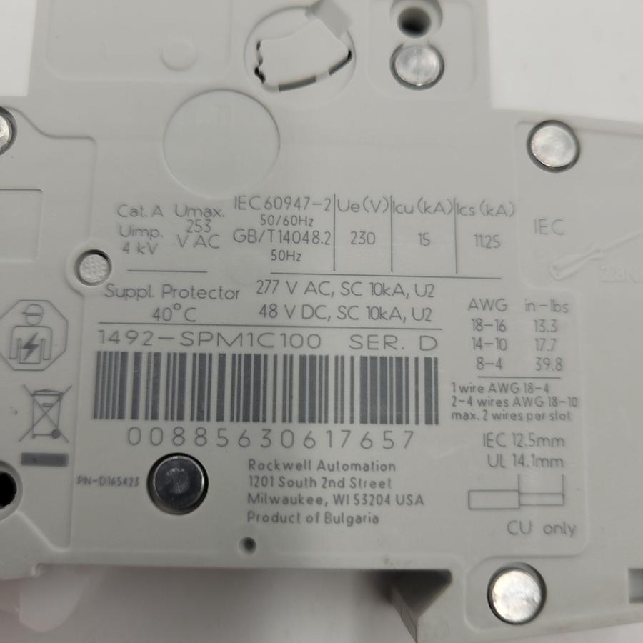 ALLEN BRADLEY 1492-SPM1C100 SER D 10A BREAKER *NEW*