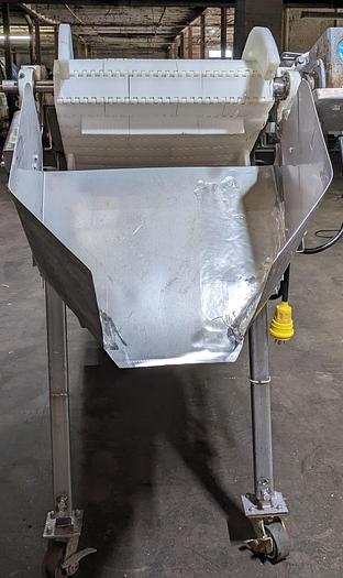 Used elevator, stainless steel frame, 17" wide, 11' long, plastic modular belt, adjustable legs, casters.