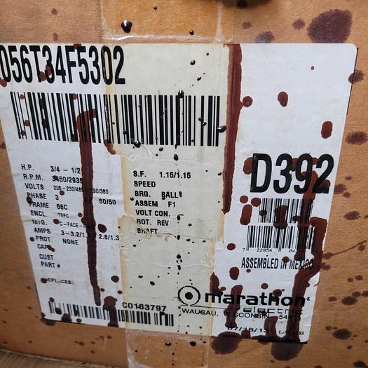 Used *NEW* MARATHON 056T34F5302: 3/4 HP / 3450 RPM / FRAME:. 56C TEFC
