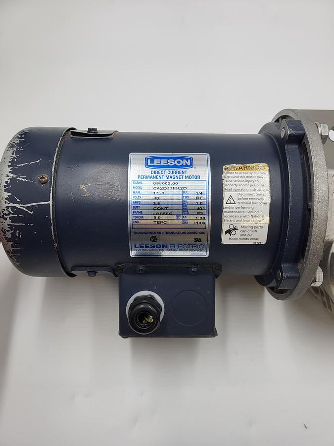Used Leeson 1/4 HP motor C42D17FK2D Cat 098002.00 & Hub City gear box AL505-100 / 1-A-56C & mounting plate