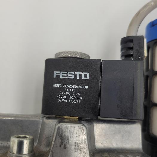 Used FESTO MFH-3-1/2 9857 A755 pneumatic valve & FESTO SOLENOID COIL MSFG-24/42-50/60-OD & FITTINGS W/ MUFFLER