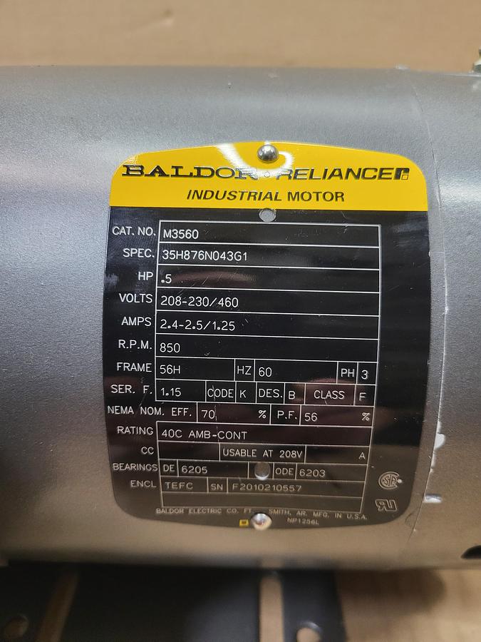 Baldor .5 HP motor 35H876N043G1 NO box 56H 208-230 / 460 V - 3 PH - 850 RPM