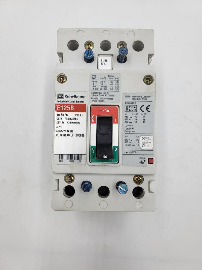 Used Cutler Hammer Industrial Circuit Breaker E125B 40 amps EGB3040FFG
