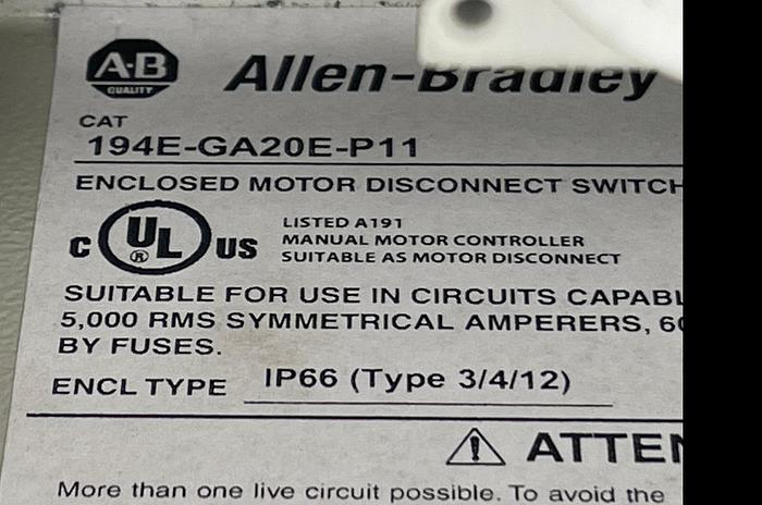 Used Allen-Bradley 194E-GA20E-P11 Ser B 