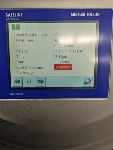 Used Safeline metal detector, 12 1/4" tall x 13 3/4" wide, Stainless conveyor, pne2013umatic reject