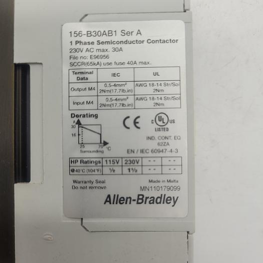 Used Allen-Bradley 156-B30AB1 Ser.A Phase Semiconductor Contactor