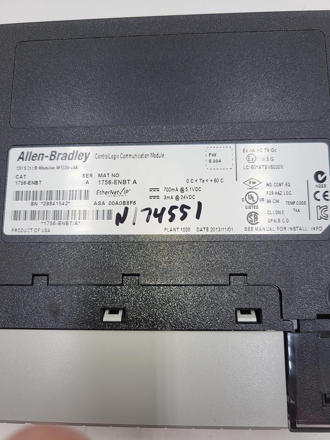 Used Allen Bradley ControlLogix Communication Module 1756-ENBT ASA 00A0B8F6