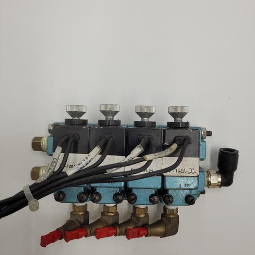 Used MAC four SOLENOID VALVES CONNECTED IN A MANIFOLD 132B-114BAAA 150PSI 120V
