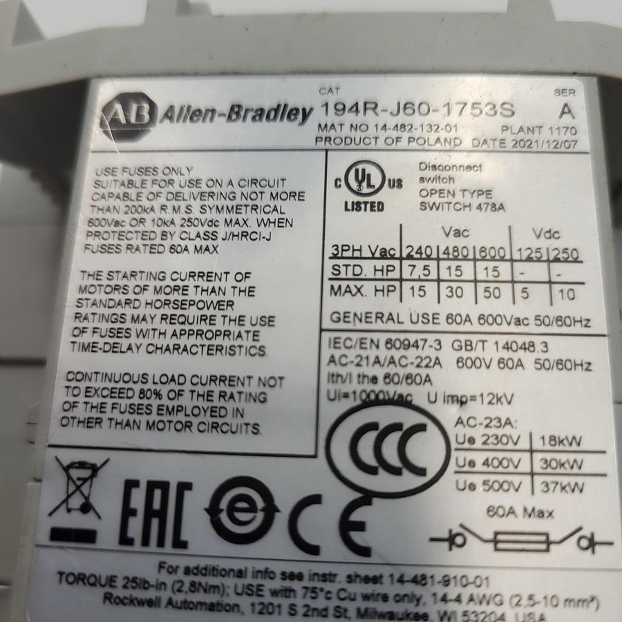 Used Allen Bradley disconnect switch 194R-J60-1753S ser A 60A