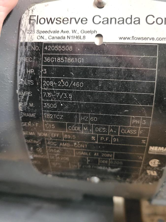 Used Flowserve motor & pump 42055508 3 HP 208-230/460 v 3500 rpm / pump: stk#10117250 / 1850842-01