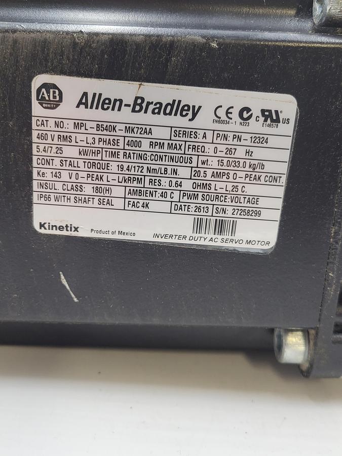 Used Allen Bradley MPL-B540K-MK72AA / 460V 4000 RPM & Wittenstein LP 120S-MF1-5 / AC 10026213 plate: 10-1/4" x 6"