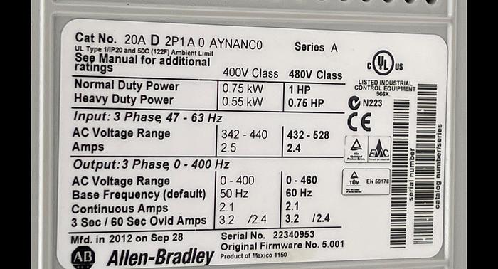 Used Allen-Bradley 20A D 2P1A0 AYNANC0 Ser A, 20-HIM-A3 Ser C