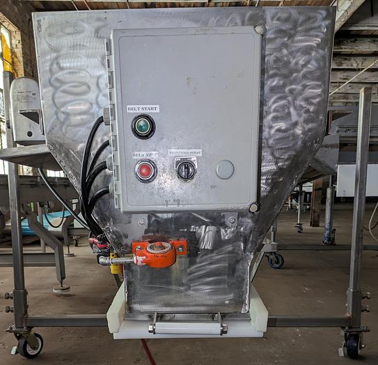 Used conveyor, stainless steel frame, 18" wide 21' long PVC belt adjustable leg with casters.