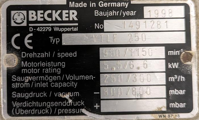 Used Becker VTLF 250 pump