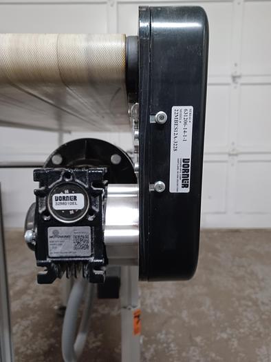 Used Dorner 2200 12" wide 4' long 34" tall PVC belt aluminum frame adjustable legs for height and angle. 277/480 3 phase