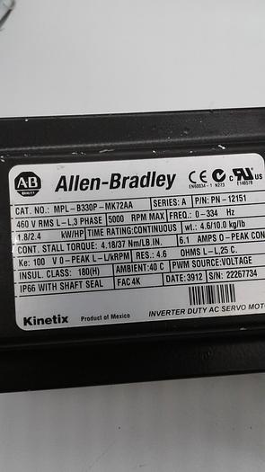 Used Allen-Bradley Inverter Duty AC Servo Motor Kinetix MPL-B330P-MK72AA