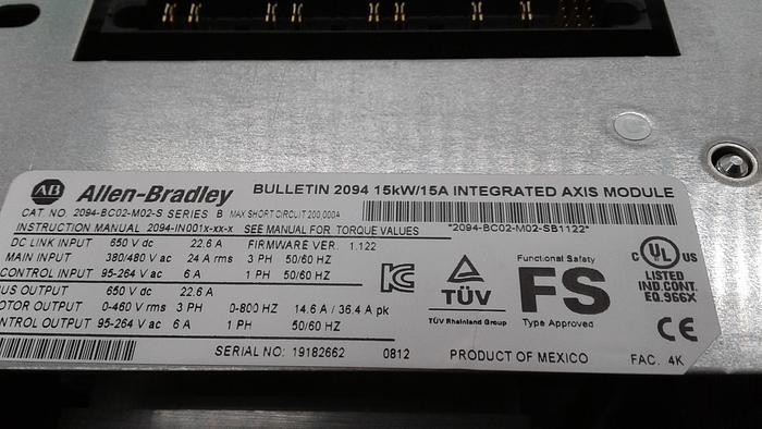 Used Allen-Bradley Kinetix 6000 Guard Motion 2094-BC02-M02-S Power Supply Fermware Ver: 1.122