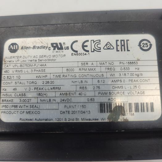 Used Allen-Bradley Inverter Duty Ac Servo Motor Kinetix VP Low Inertia Servo Motor VPL-B0753M-PJ14AA