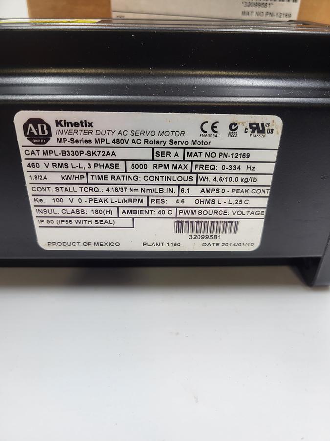 Allen Bradley Kinetix Inverter duty AC Servo Motor MPL--B330P-SK72AA / PN - 12169 / 460V 5000 RPM 1.8/2.4 kW/HP *new in box*