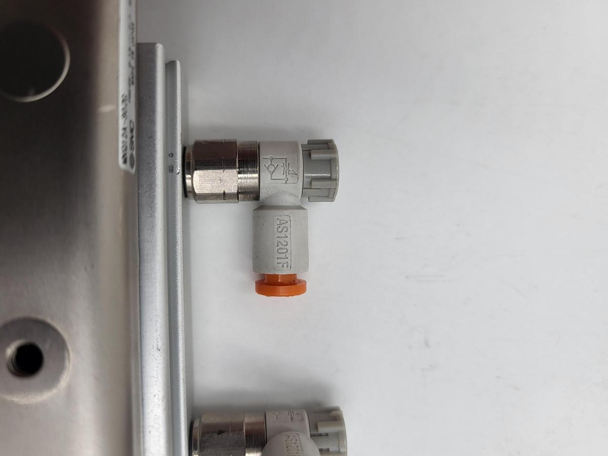 Used SMC MXQ12A-30ZG cylinder with slide table & two AS1201F valves