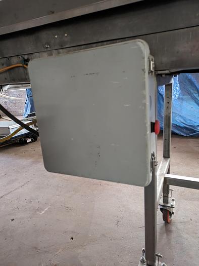 Used conveyor, stainless steel frame, 19" wide 20' long plastic modular belt adjustable leg with casters.