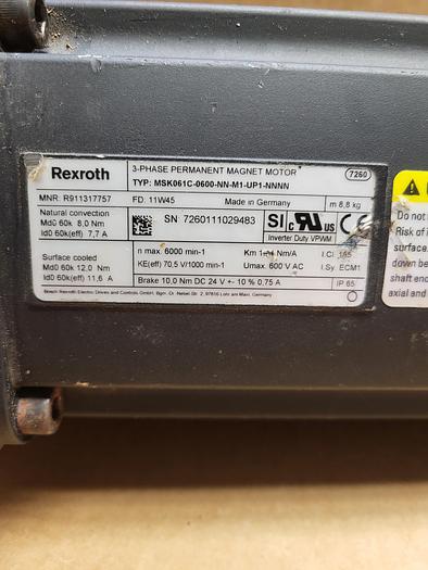Used Rexroth 3-Phase Permanent Magnet Motor MSK061C-0600-NN-M1-UP1-NNNN