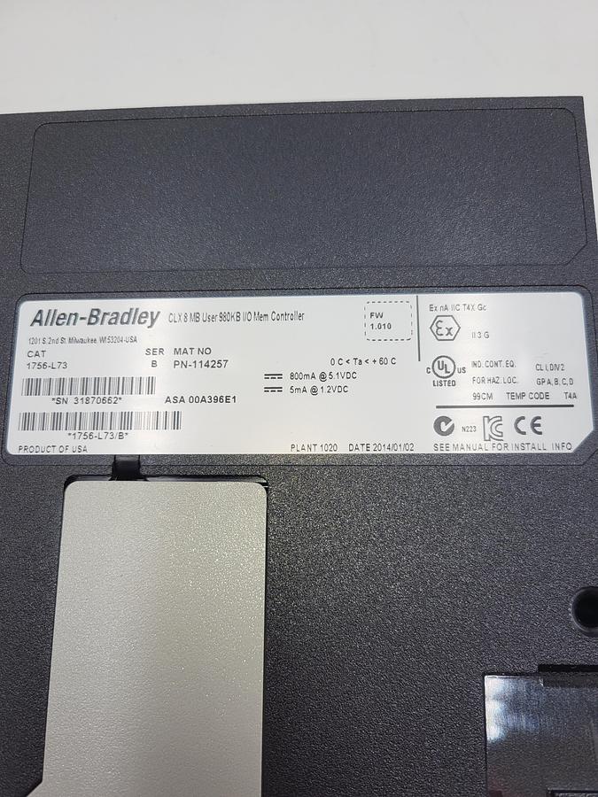 Used Allen Bradley CLX8 MB 990KB Mem Controller 1756-L73 / PN-114257