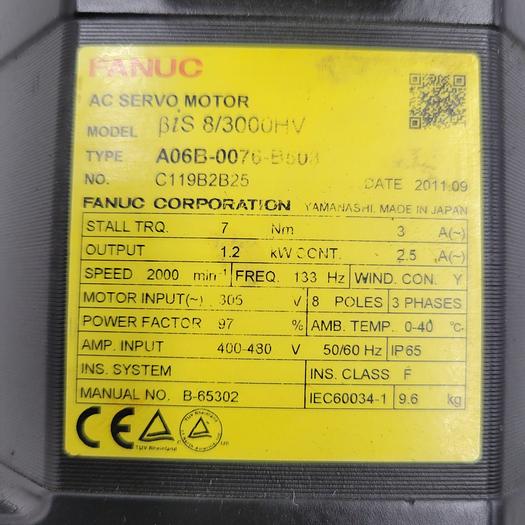 Used FANUC SERVO MOTOR MODEL: BIS8/3000HV TYPE: A06B-0076-B503 & PULSECODER BiA128 Type A860-2020-T301