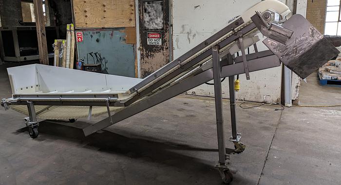 Used elevator, stainless steel frame, 17" wide, 11' long, plastic modular belt, adjustable legs, casters.