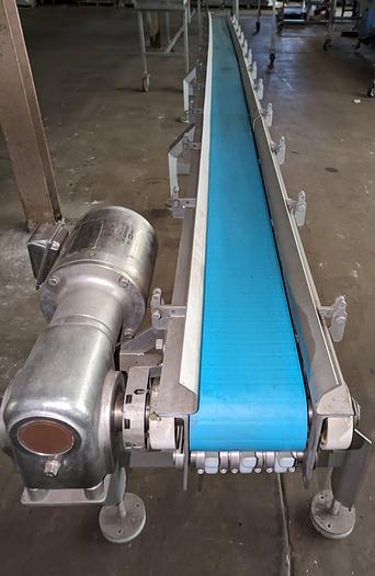 Used conveyor, stainless steel frame, 6" wide 15' long intralox belt adjustable feet flip up rails