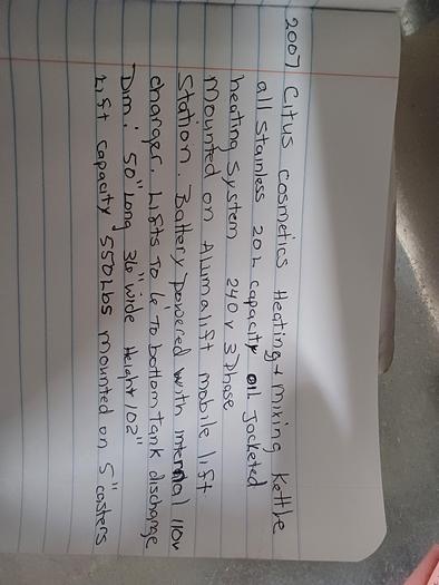 Used Citus jacketed mixing kettle and Alum-a-lift lifting cart