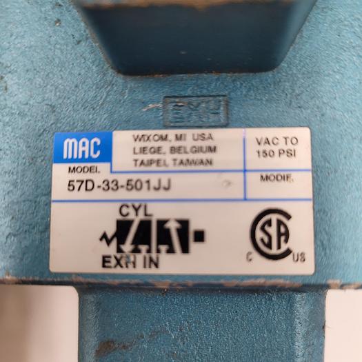 Used MAC 57D-33-501JJ valve CONNECTED to MAC solenoid 250B-501JJ & one PIAB filter PPSF1.0-X50