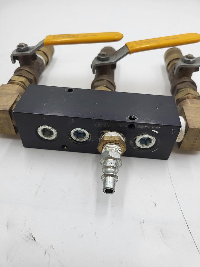 Used Pneumatic air manifold with 3 shutoffs 3/8" hook up 4 input / 3 output