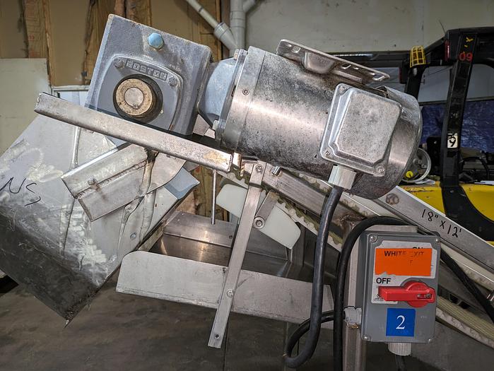 Used elevator, stainless steel frame, 17" wide, 11' long, plastic modular belt, adjustable legs, casters.