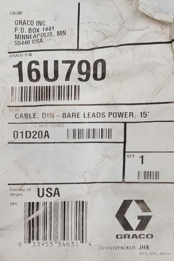Graco Industrial 16U790 | Power or Vent Valve Cable, DIN connector, 15 feet long **NEW IN BAG**