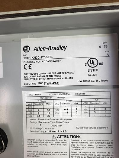 Used Allen-Bradley 194R-KN30-1753-PB Ser.A
