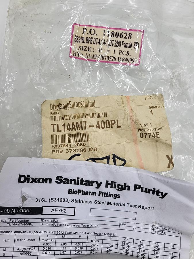 Dixon Sanitary high purity 4" FERRULE 316L stainless steel TL14AM7-400PL BPE DT-4.1 *MFG PACKAGING*