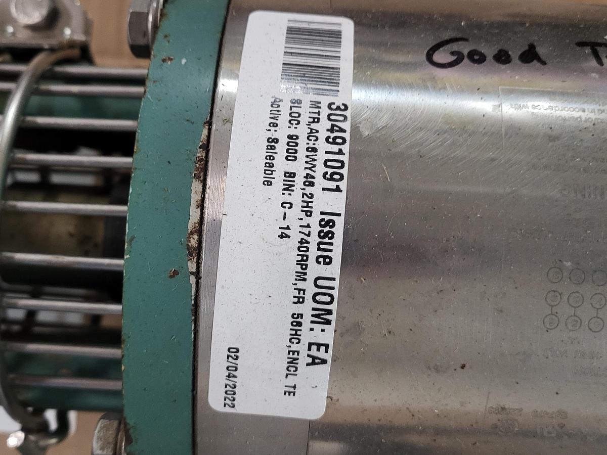Used Dayton washdown stainless motor TEFC HP: 1.5 - 2 / model 6WY46 / 208 - 230 volts 56HC frame & pump attached